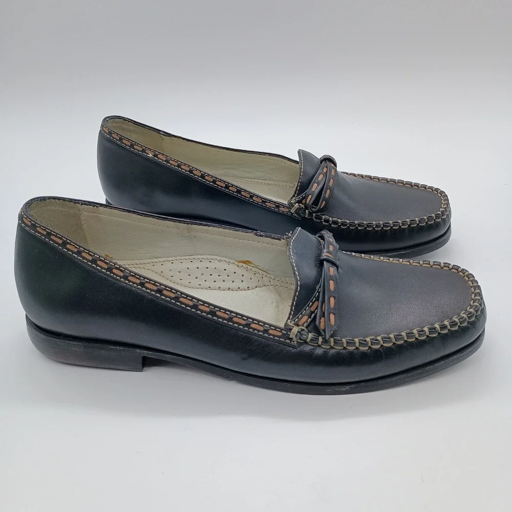 Bass Romana Black‎ Leather Bow Loafers Flats Shoes Womens 8M Made in Brazil